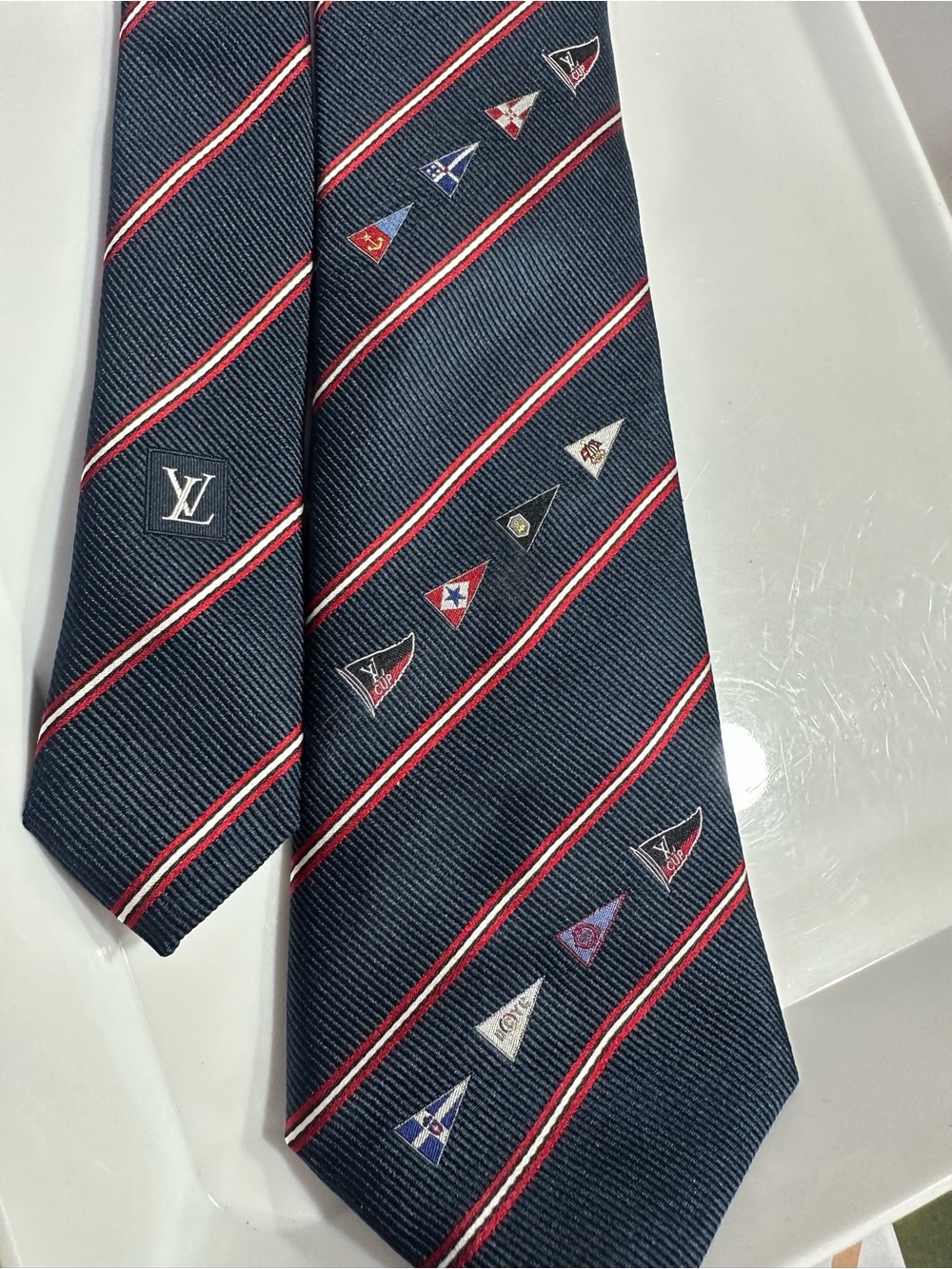 Louis Vuitton Navy Blue Silk Tie with Red and White Stripes